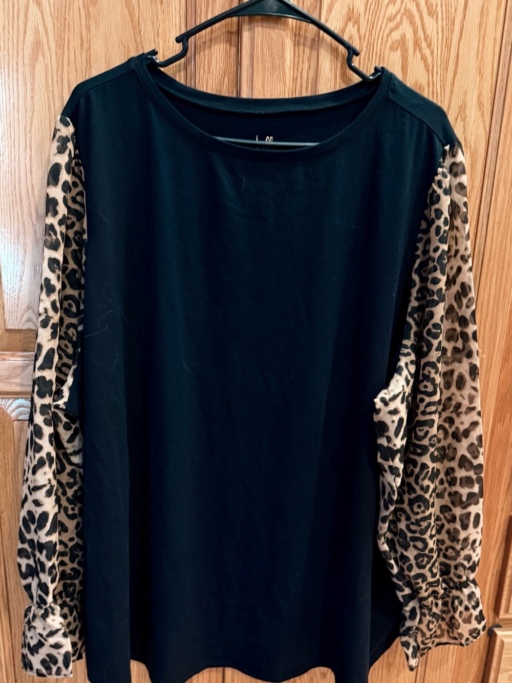 Belle by Kim Gravel Black Top with Leopard Print Sleeves